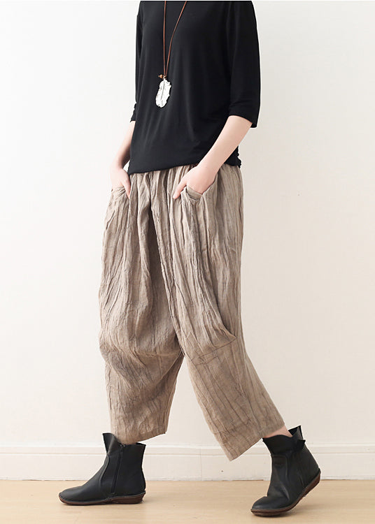 Khaki Tie Dye Wrinkled Linen Harem Pants Fall