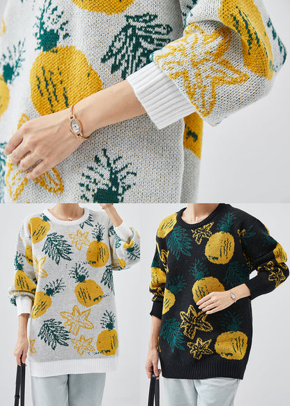 Black Oversized Print Knit Sweater Tops Winter