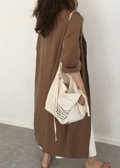 Loose Caramel Peter Pan Collar Tie Waist Cotton Shirts Dresses Spring