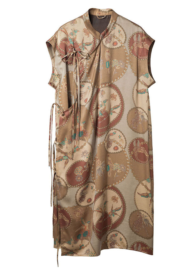 Original Design Khaki Mandarin Collar Print Side Open Silk Dresses Sleeveless