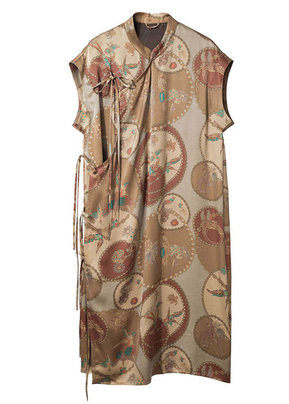 Original Design Khaki Mandarin Collar Print Side Open Silk Dresses Sleeveless