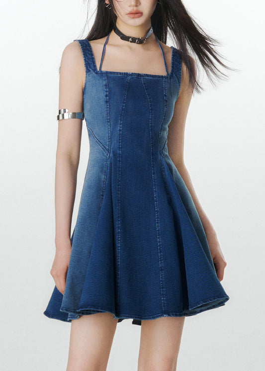 Natural Denim Navy Square Collar Patchwork Mid Spaghetti Strap Dress Summer