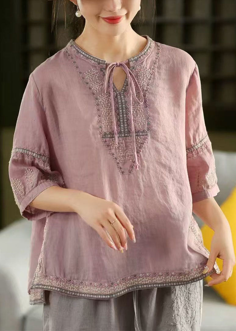 Purple Embroidered Linen Shirt Top Summer