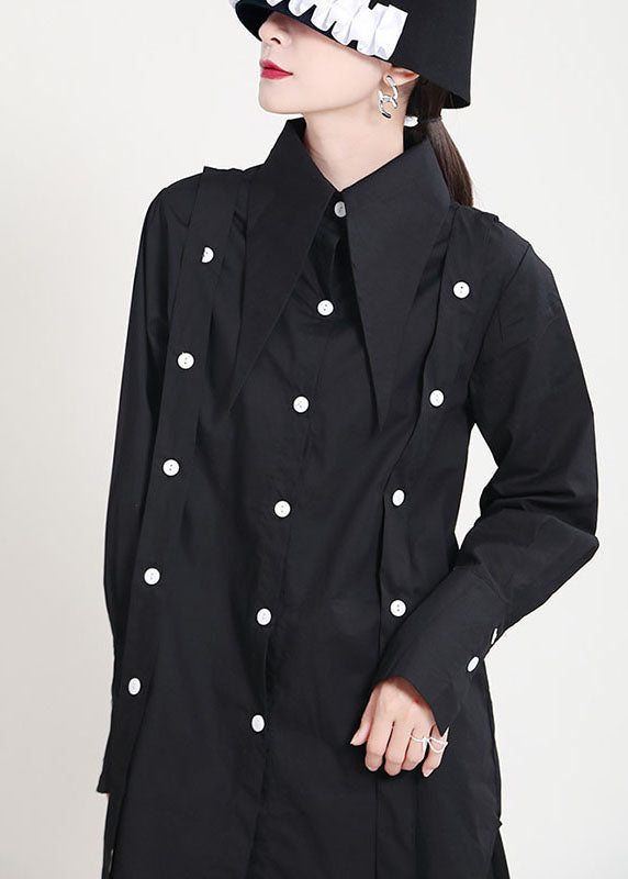 Black Peter Pan Collar Button Asymmetrical Design Patchwork Fall Shirts Long Sleeve