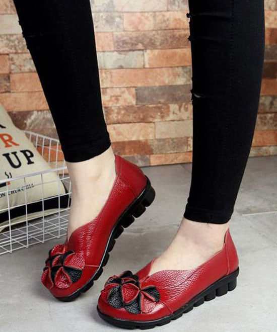 Red Flat Feet Shoes Cowhide Leather Splicing