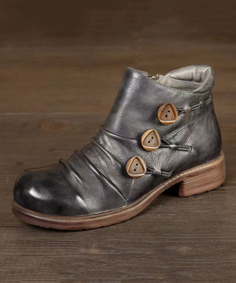 Zippered Splicing Chunky Boots Grey Cowhide Leather