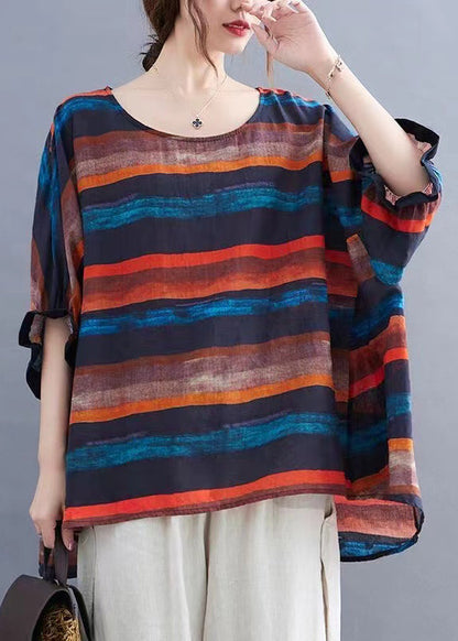 Orange O Neck Striped Cotton Top Batwing Sleeve