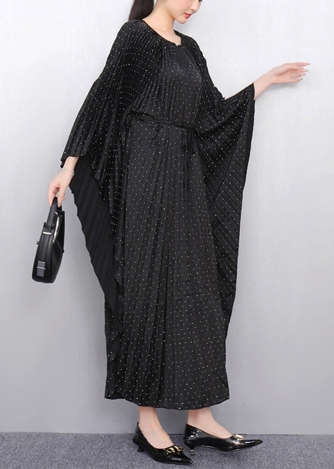Black Oversized Cotton Pleated Dress Batwing Sleeve