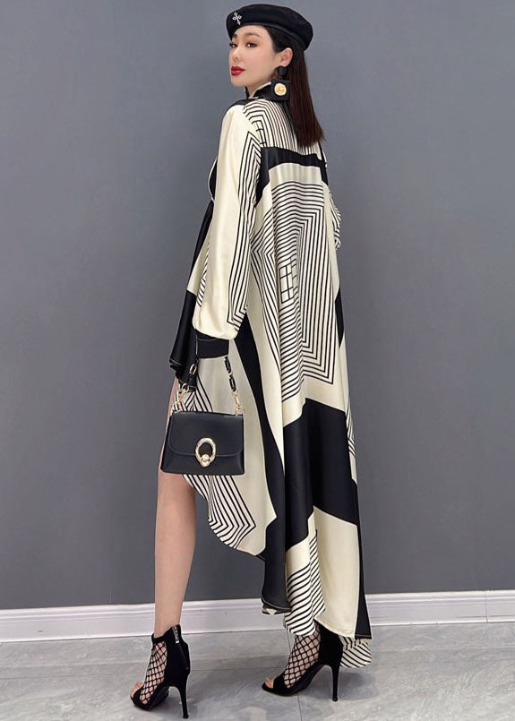 Beige Peter Pan Collar Asymmetrical Design Print Chiffon Shirt Tops Long Sleeve