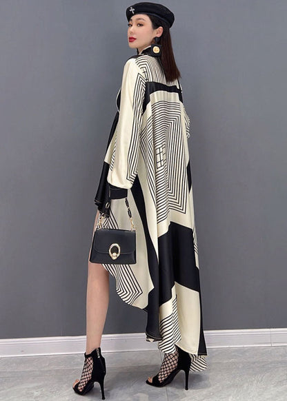 Beige Peter Pan Collar Asymmetrical Design Print Chiffon Shirt Tops Long Sleeve