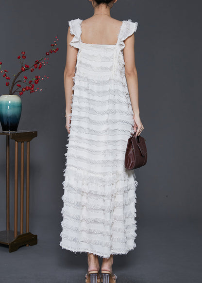 White Tasseled Cotton Summer Dresses Sleeveless