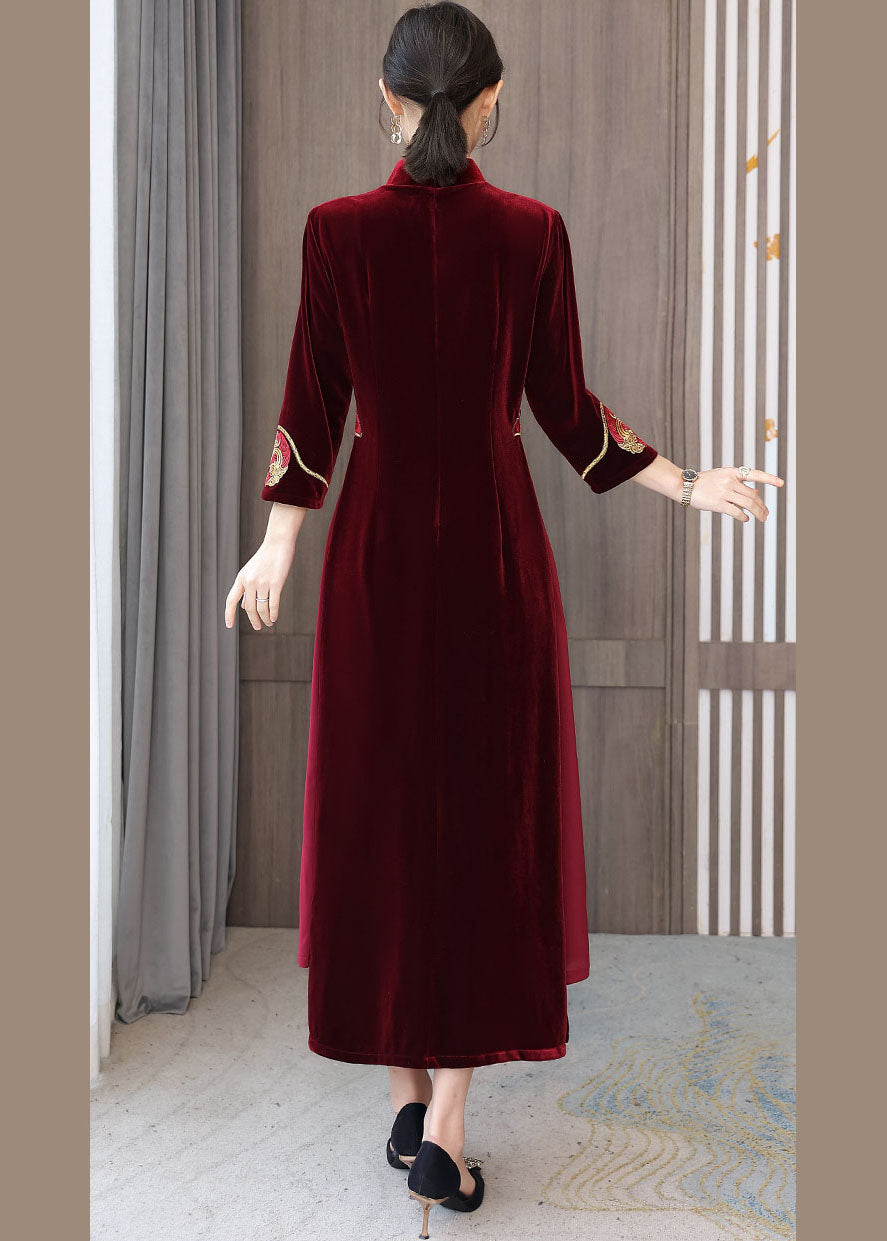 Mulberry Embroideried Side Open Velour Dresses Vestidos Bracelet Sleeve