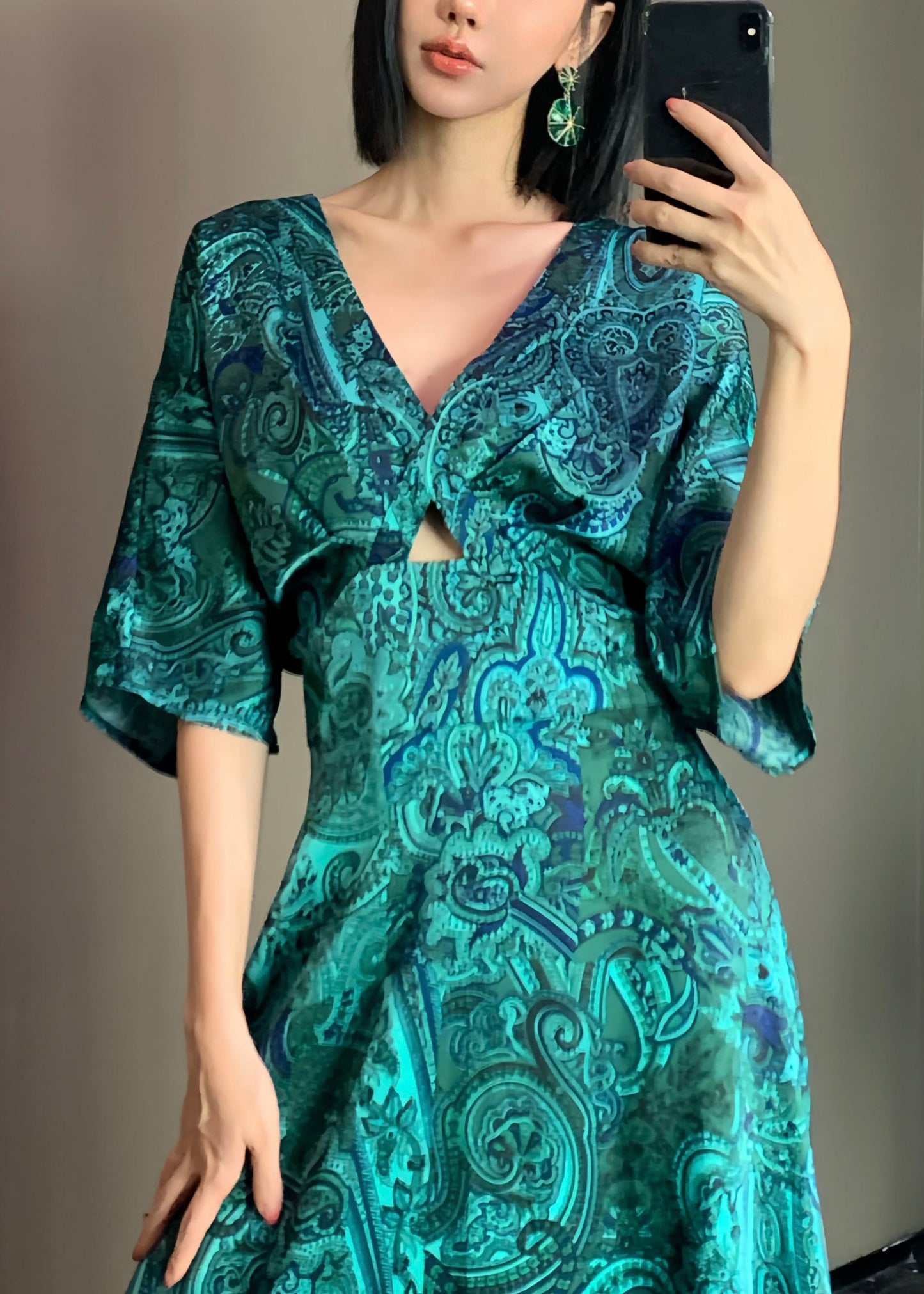 Peacock Blue V Neck Print Satin Maxi Dress Short Sleeve