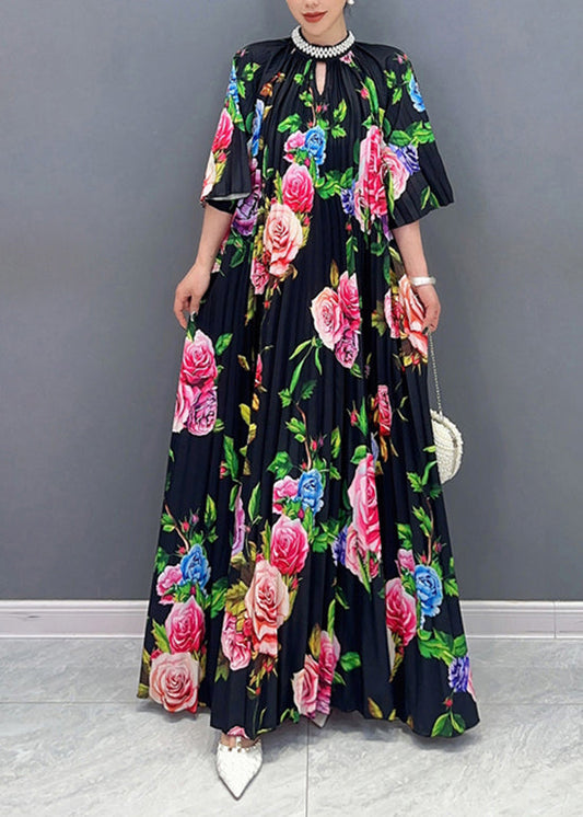 Black Blossoming Cotton Long Dress Summer