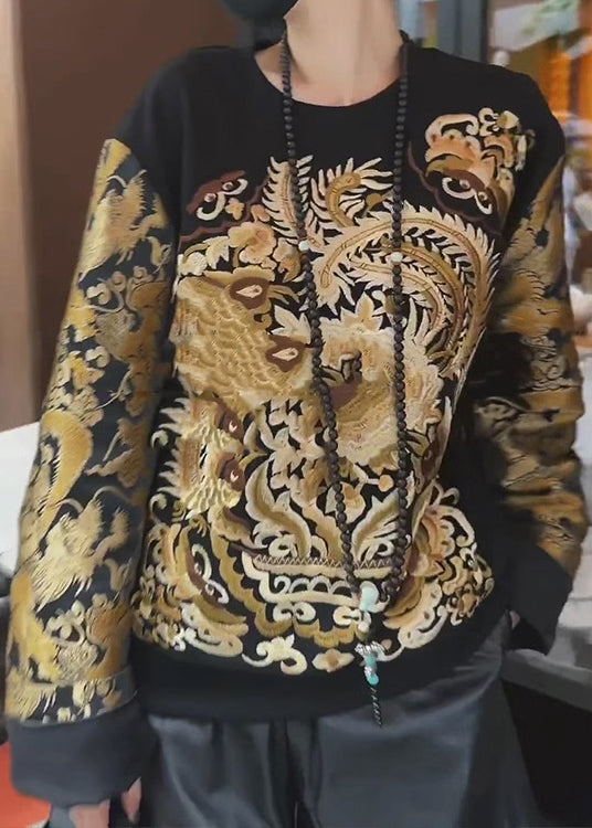 Black Oriental Embroideried Cotton Sweatshirts Top Fall