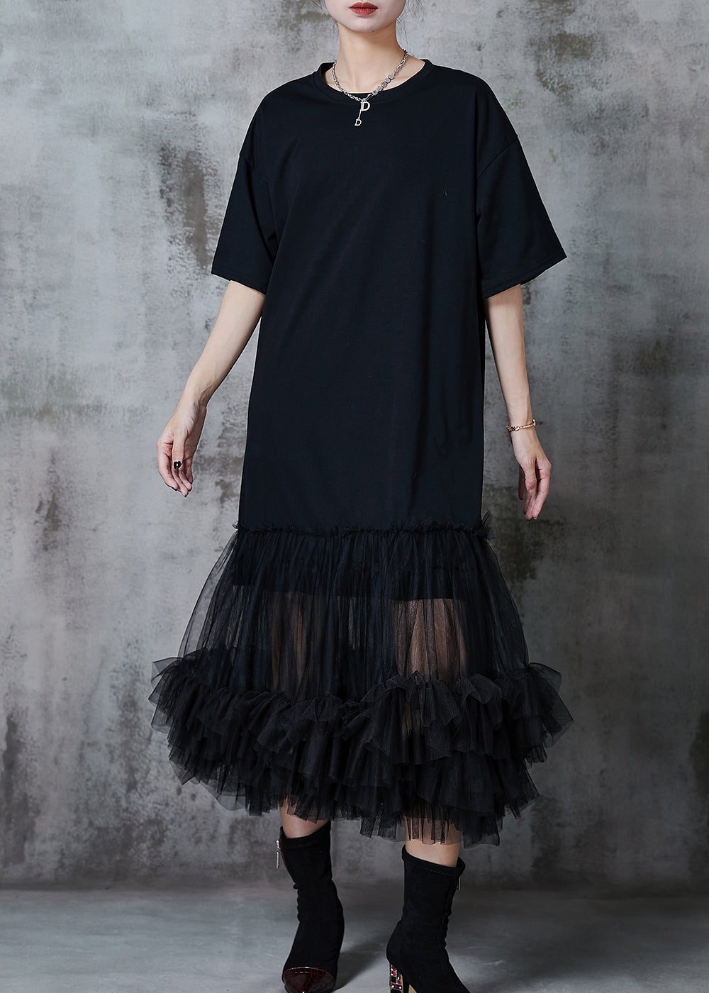 Black Oversized Patchwork Cotton Party Dress Summer