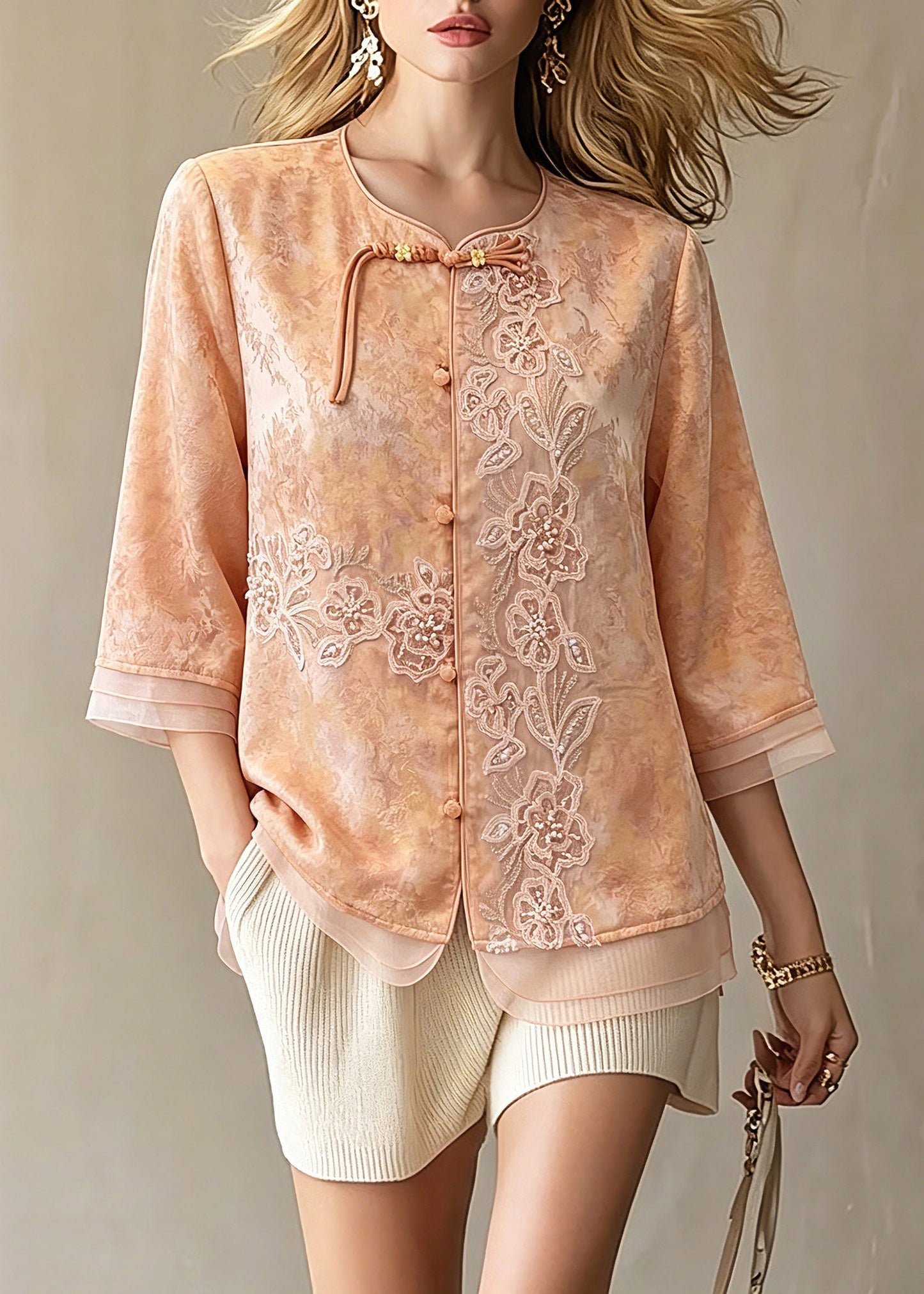 Orange Embroidered Patchwork Button Shirts Spring