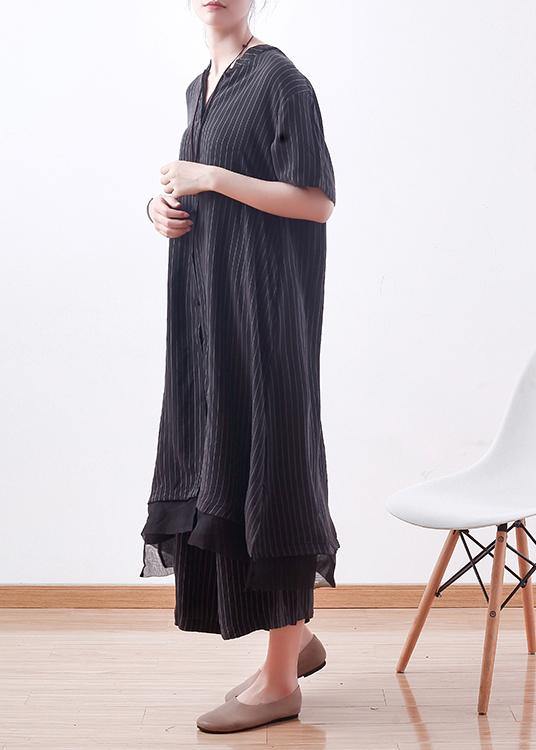 Stylish Black Striped Silk Button Summer Two Pieces Set