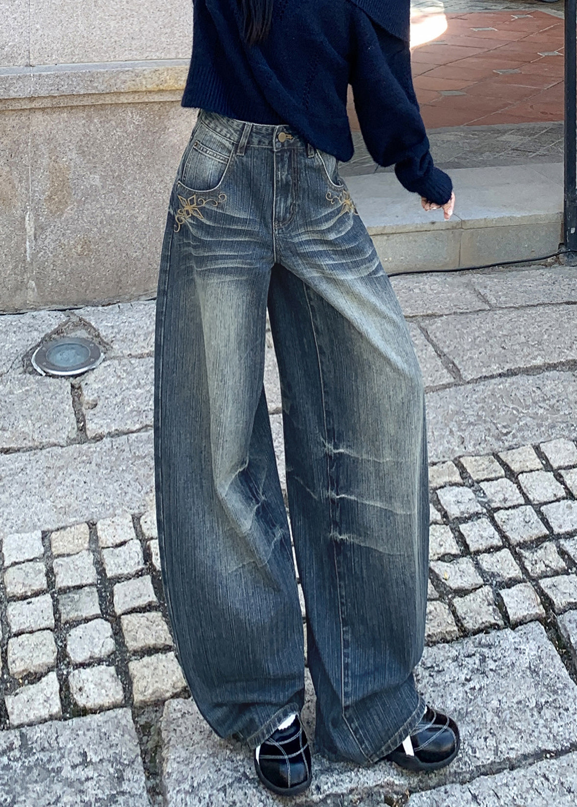 Blue Embroidered Pockets Denim Wide Leg Pants Spring