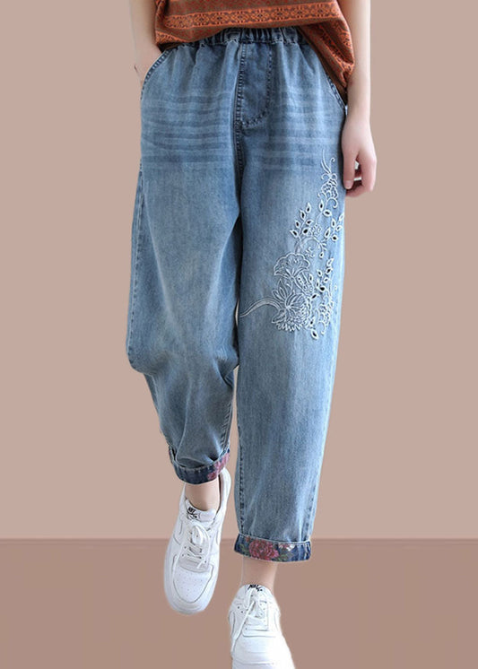 Classy Denim Blue Pant Spring Elastic Waist Embroidery Work Outfits Trousers