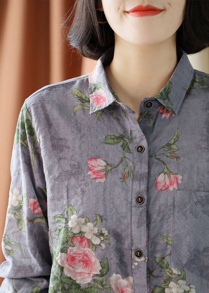 Diy Purple Peter Pan Collar Pockets Button Print Fall Blouses Long Sleeve
