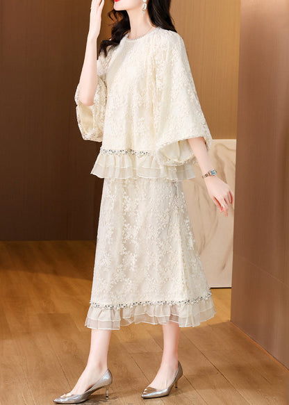 Beige Embroidered Nail Bead Lace Two Pieces Set Spring