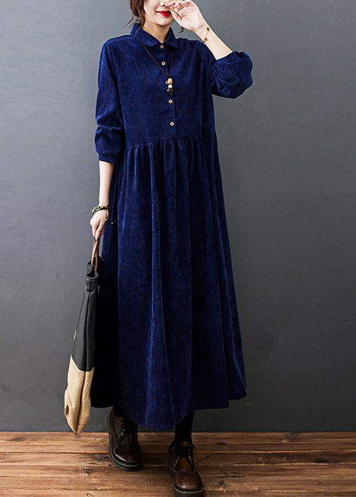 Blue Peter Pan Collar Wrinkled Corduroy Vacation Dresses Long Sleeve