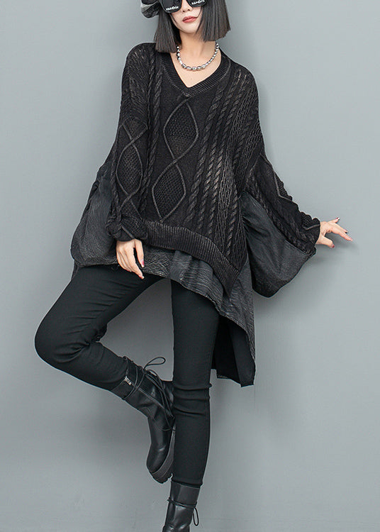 Black V Neck Patchwork Knit Sweater Batwing Sleeve