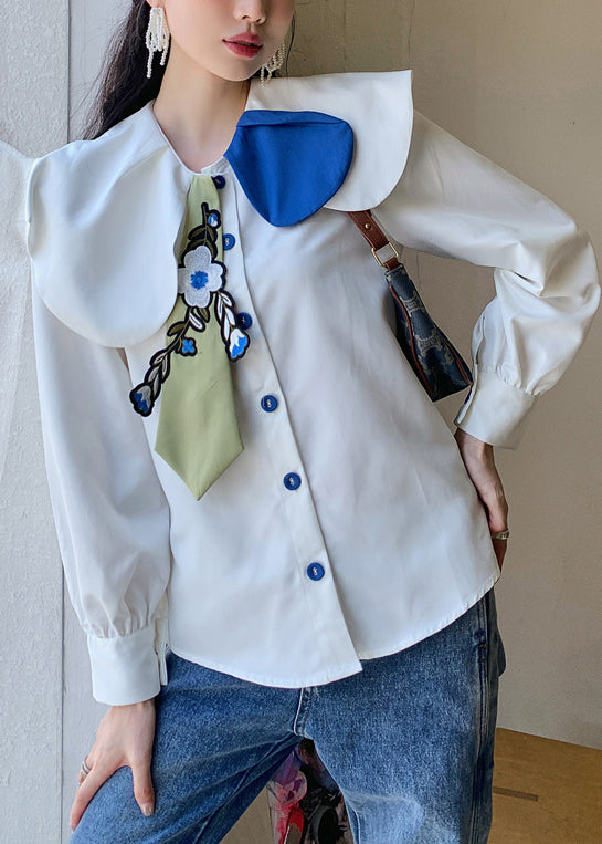Fitted White Peter Pan Collar Embroideried Button Satin Shirt Long Sleeve