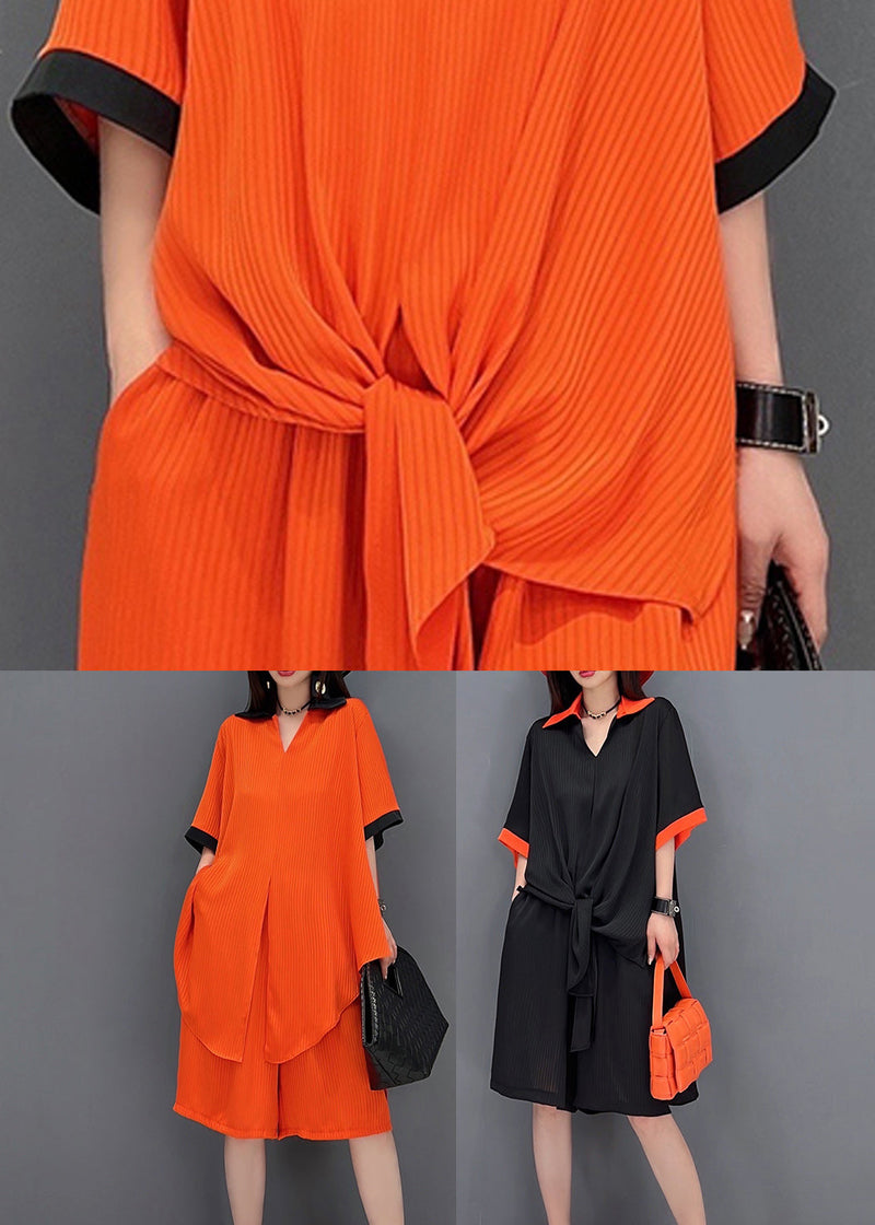 Black Peter Pan Collar Patchwork Chiffon Long Shirt and Shorts Two Pieces Set Summer