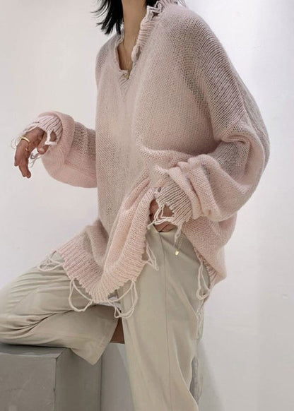 Green V Neck Ripped Ma Hai Mao Knit Sweaters Winter