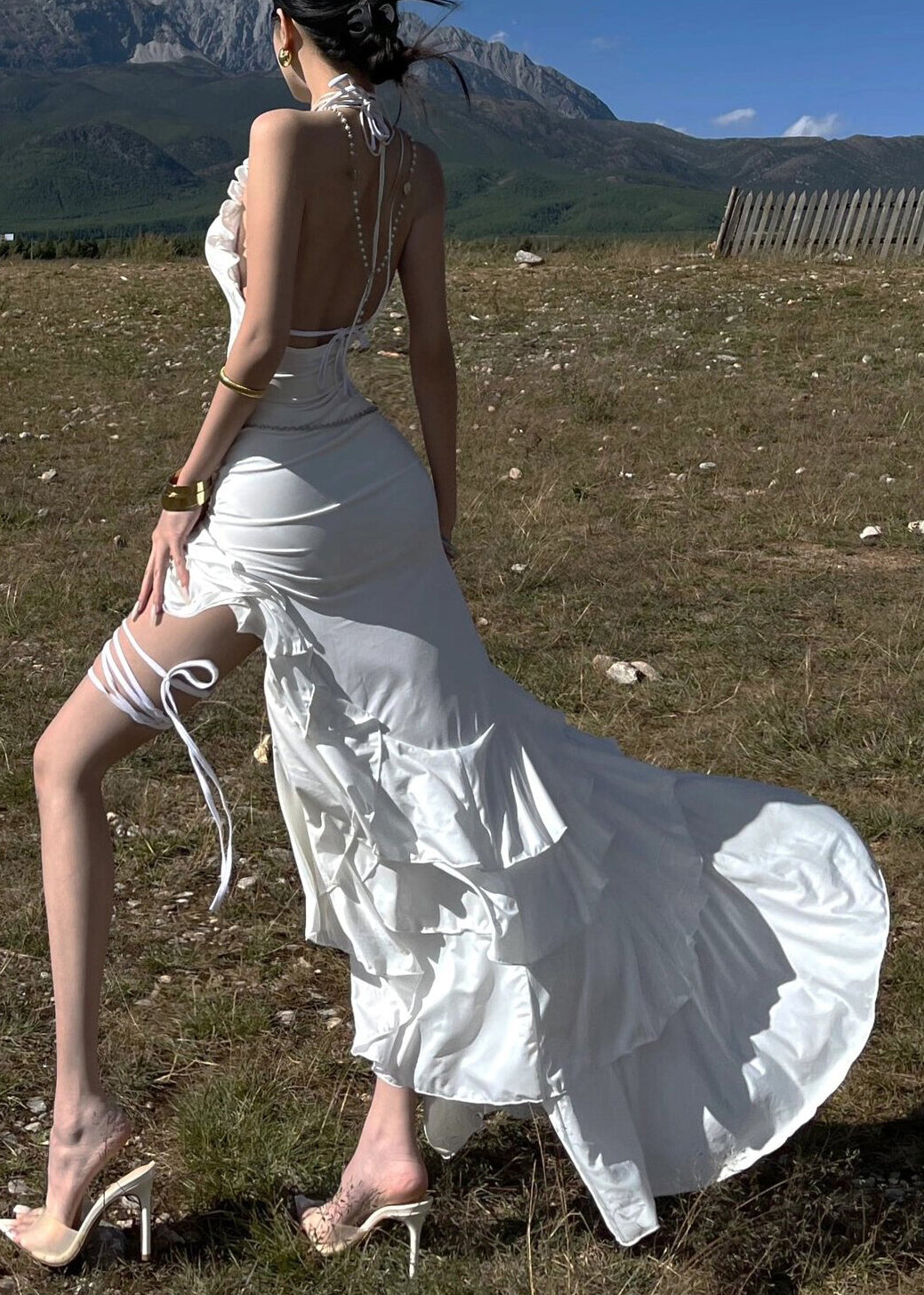 Slim Fit White Ruffled Lace Up Low High Design Cotton Dress Sleeveless Summer
