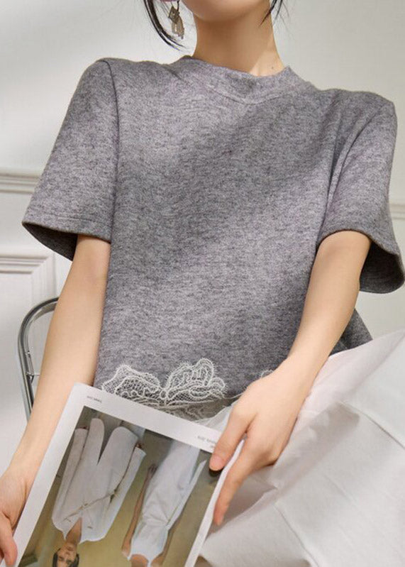 Grey Lace Patchwork Top Short Sleeve