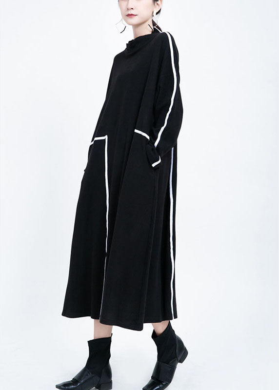 French Black Retro Patchwork Fall Long Dresses Long Sleeve