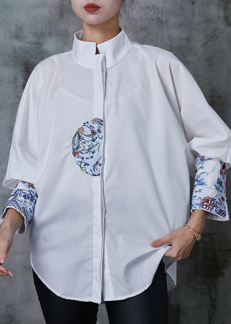 White Embroidered Cotton Shirt Tops Summer