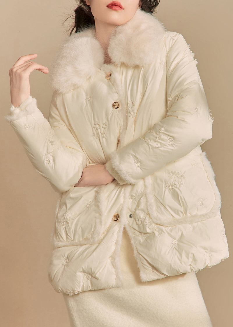 Beige Fur Collar Button Duck Down Puffer Coat Winter