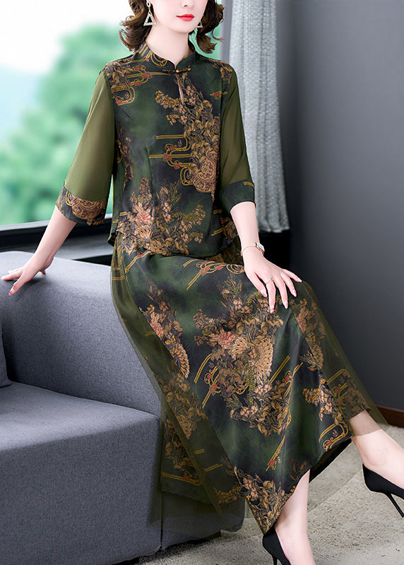 Green Stand Collar Tasseled Embroidered Silk Two Pieces Set Summer