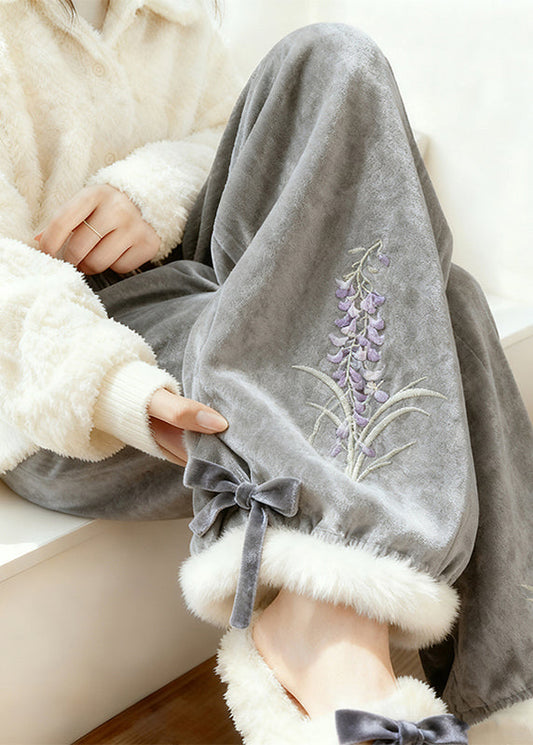 Grey Embroidered Warm Fleece Silk Velvet Pants Winter