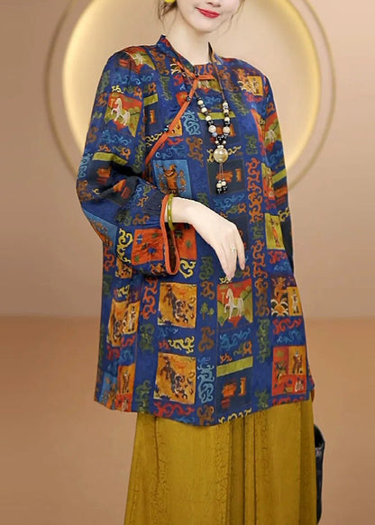 Blue Print Chinese Button Silk Shirt Top Fall