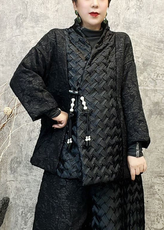 Black Button Patchwork Cotton Filled Two Pieces Set V Neck Long Sleeve