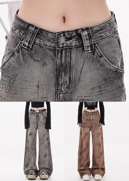 Grey Pockets High Waist Denim Fall Wide Leg Pants Tie Dye