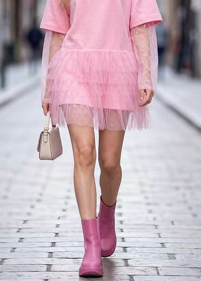 Pink O Neck Tulle Patchwork Cotton Short Dress Summer