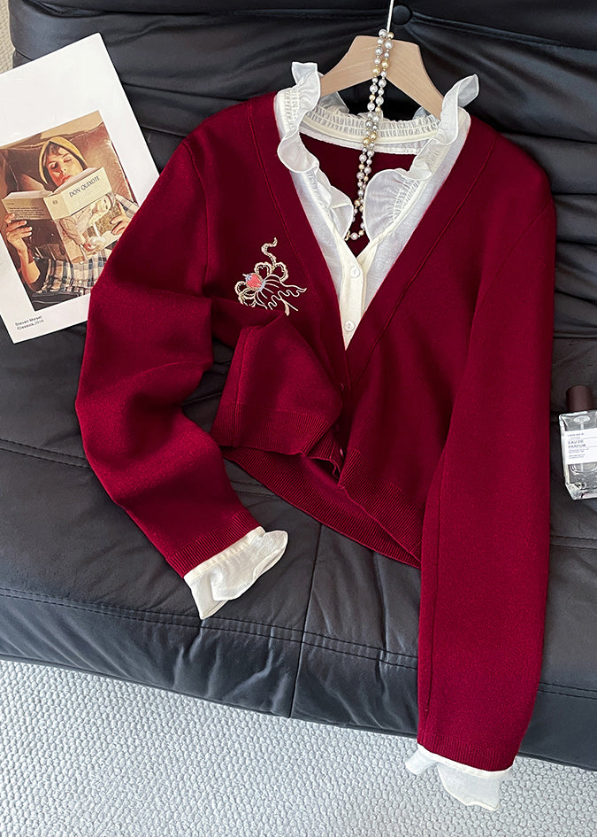 Italian Red Ruffled False Two Pieces Patchwork Knit Sweaters Fall