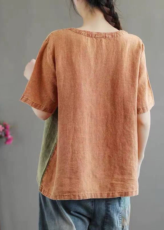 Khaki O Neck Patchwork Cotton Top Short Sleeve