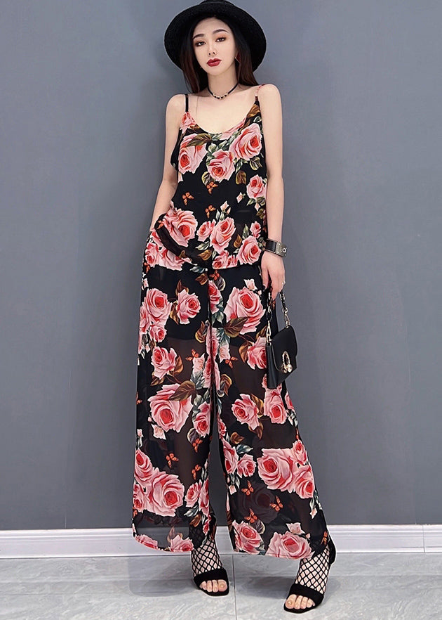 Black Print Draping Chiffon Sets 3 Pieces Summer