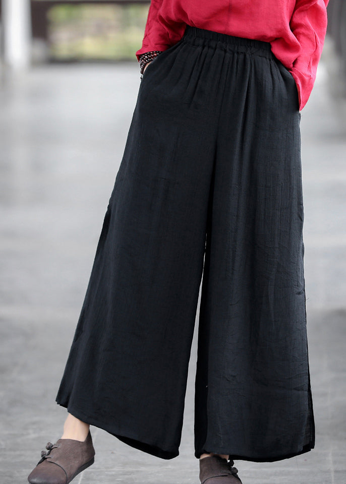 Black Elastic Waist Side Open Double-deck Linen Wide Leg Pants Summer