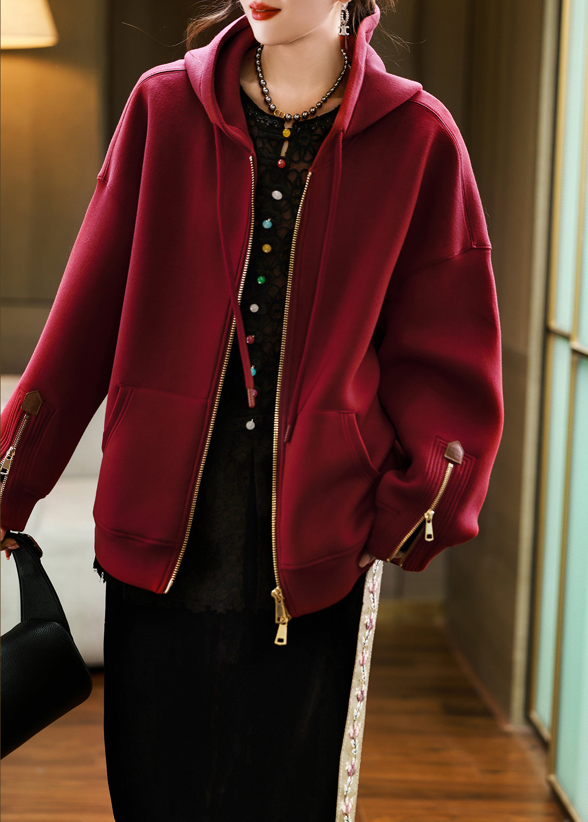 Red Hooded Pockets Zippered Cotton Coats Fall