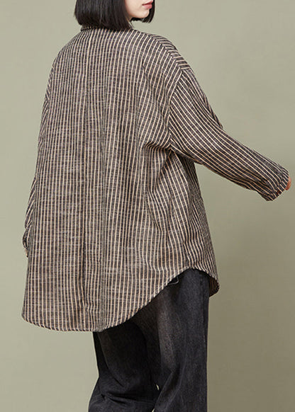 Grey Striped Button Cotton Blouse Tops Fall