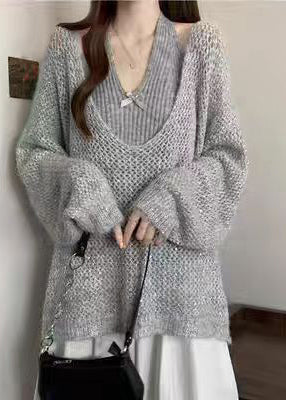 Natural Grey Oversized Halter Knit Two Piece Set Outfits Winter