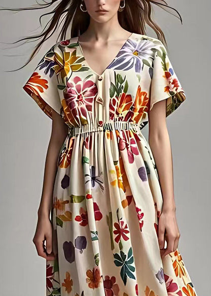 Apricot V Neck Print Cotton Maxi Dresses Summer